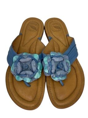 Nurture Sandals Slip On Flip Flops Blue Leather Summer Shoes Floral Size 8.5